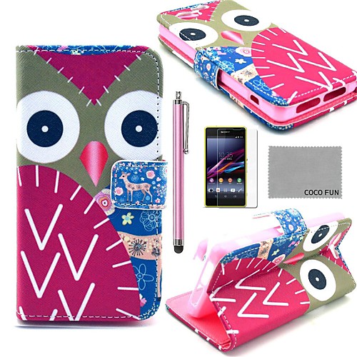 COCO FUN Colorful Owl Pattern PU Leather Case with Screen Protector and Stylus for Sony Xperia Z1 mini Compact D5503