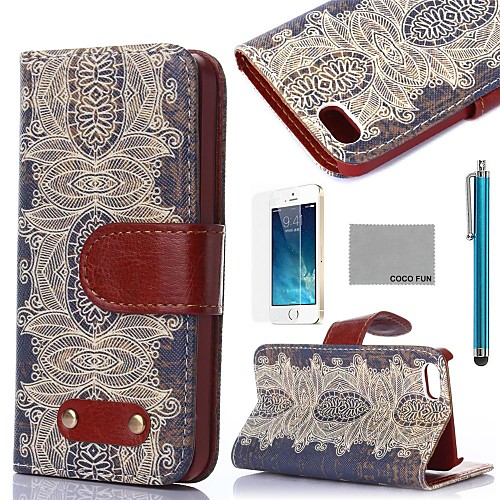 COCO FUN Retro Brown Floral Pattern PU Leather Full Body Case with Film, Stand and Stylus for iPhone 5/5S