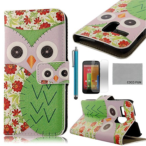 COCO FUN Red Flower Owl Pattern PU Leather Full Body Case with Screen Protector, Stylus and Stand for Motorala Moto G