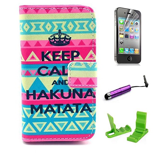 Keep Calm and Hakuna Matata Carpet Pattern PU Leather Case with Screen Protector and Stylus for iPhone 4/4S