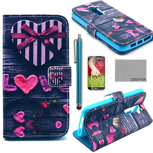 COCO FUN Love Heart Pattern PU Leather Full Body Case with Screen Protector, Stylus and Stand for LG G2