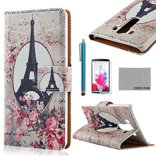 COCO FUN Rose Eiffel Tower Pattern PU Leather Case with Screen Protector, Stylus and Stand for LG G3 D850