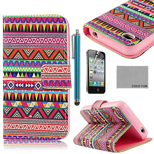 COCO FUN Red Tribal Carpet PU Leather Full Body Case with Screen Protector, Stand and Stylus for iPhone 4/4S