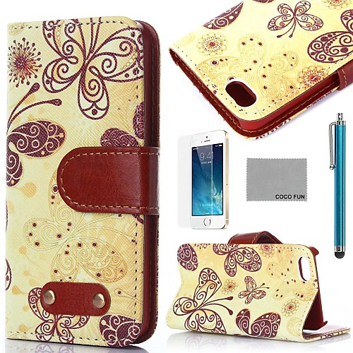 COCO FUN Yellow Butterfly Pattern PU Leather Full Body Case with Film, Stand and Stylus for iPhone 5/5S