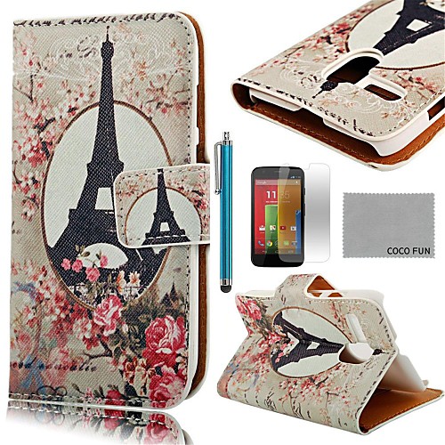 COCO FUN Rose Eiffel Tower Pattern PU Leather Case with Screen Protector, Stylus and Stand for Motorala Moto G