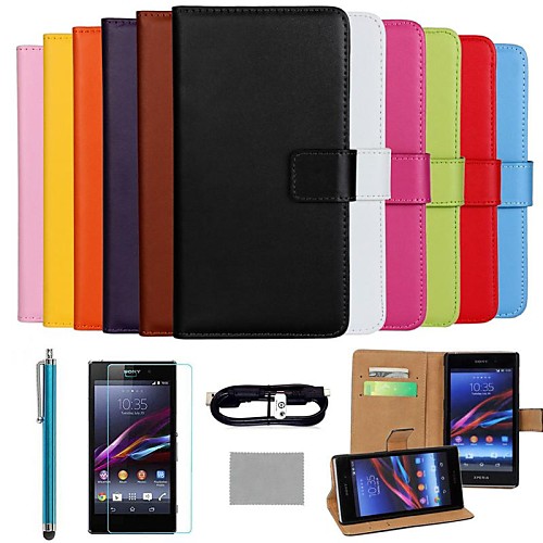 COCO FUN Ultra Slim Solid Color Genuine Leather Case with Film,Cable and Stylus for Sony Z1 L39h(Assorted Colors)