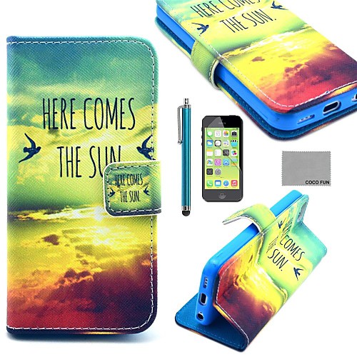 COCO FUN Sun Bird Pattern PU Leather Full Body Case with Screen Protector,Stylus and Stand for iPhone 5C