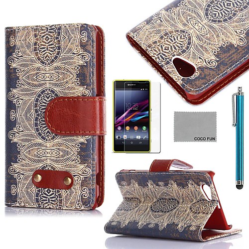 COCO FUN Retro Brown Floral Pattern PU Leather Case with Film and Stylus for Sony Xperia Z1 mini Compact D5503