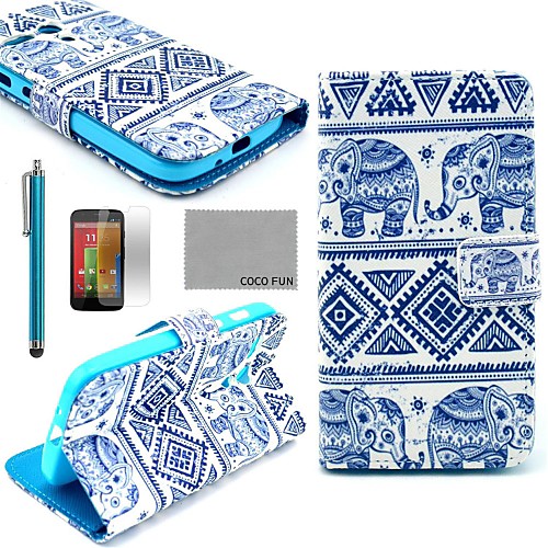 COCO FUN Blue Elephant Pattern PU Leather Full Body Case with Screen Protector, Stylus and Stand for Motorala Moto G