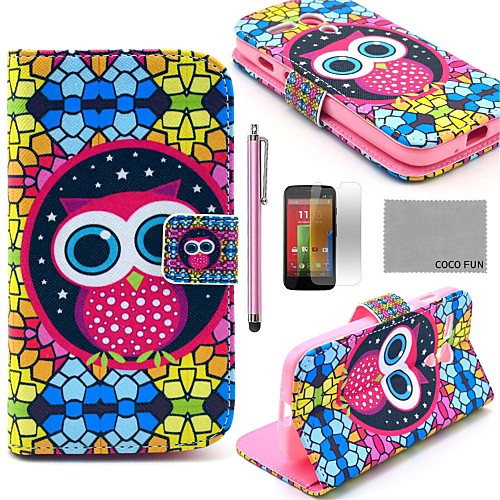 COCO FUN Novelty Owl Pattern PU Leather Full Body Case with Screen Protector, Stylus and Stand for Motorala Moto G