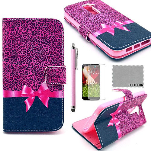 COCO FUN Purple Leopard Pattern PU Leather Full Body Case with Screen Protector, Stylus and Stand for LG G2