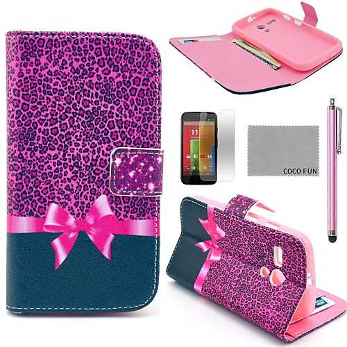 COCO FUN Purple Leopard Pattern PU Leather Full Body Case with Screen Protector, Stylus and Stand for Motorala Moto G