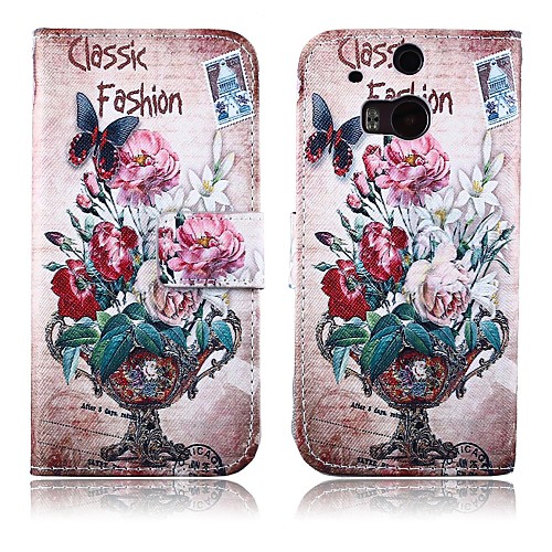 Retro Flower Vase PU Leather Full Body Cover with Stand and Card Slot for HTC One M8