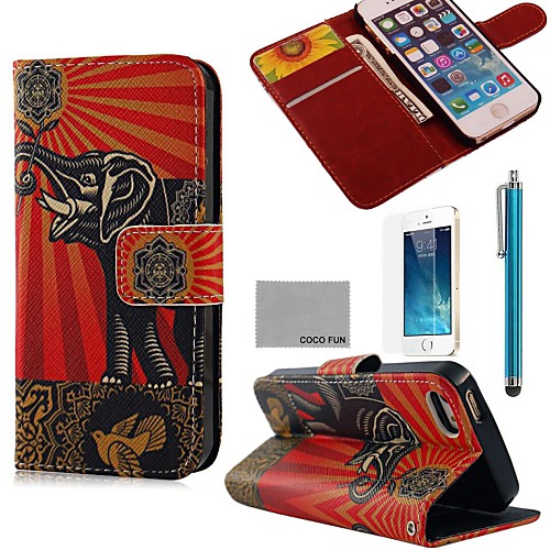 COCO FUN Flower Elephant Pattern PU Leather Full Body Case with Film, Stand and Stylus for iPhone 5/5S