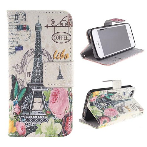 Flowers, Butterflies and Paris Eiffel Tower Design PU Full Body Case with Stand with Card Slot for iPhone 5/5S