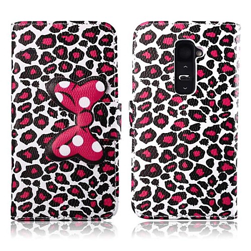 Pink Leopard Design Bowknot Pattern PU Leather Full Body Cover with Card Slot for LG G2