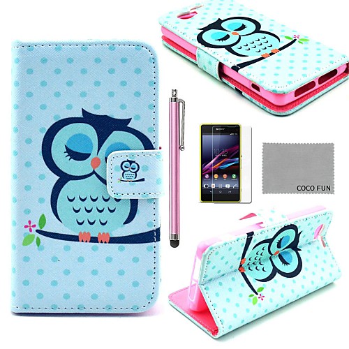 COCO FUN Sleeping Owl Pattern PU Leather Case with Screen Protector and Stylus for Sony Xperia Z1 mini Compact D5503