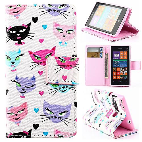 Wallet Style Cartoon Cat PU Leather Full Body Cover with Stand for Nokia Lumia 520