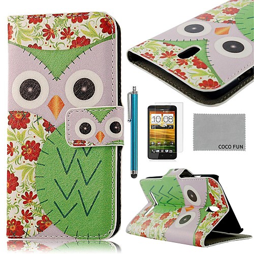 COCO FUN Green Flower Owl Pattern PU Leather Case with Screen Protector, Stylus and Stand for HTC Desire 500