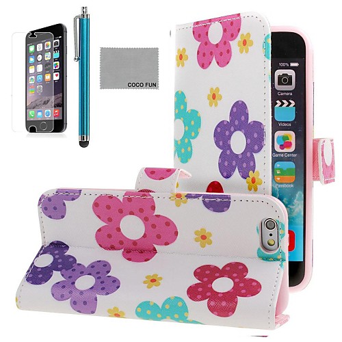 COCO FUN Mixed Floral Pattern PU Leather Full Body Case for iPhone 6 6G 4.7 with Screen Protecter, Stand and Stylus