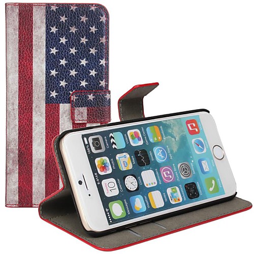 American Flag Pattern Genuine Leather Case with Stand and Card Slot for iPhone 6