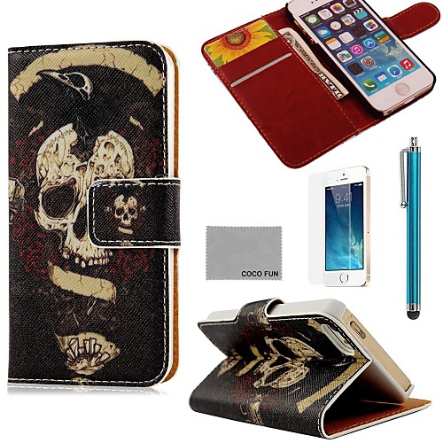 COCO FUN Black Skull Pattern PU Leather Full Body Case with Film, Stand and Stylus for iPhone 5/5S