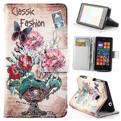 Wallet Style Retro Flower Vase PU Leather Full Body Cover with Stand for Nokia Lumia 520