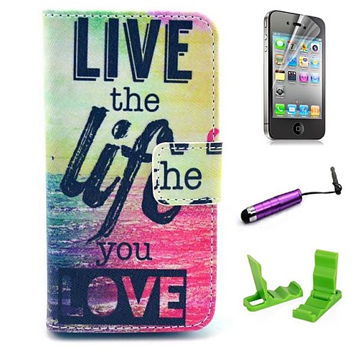 Live Life You Love Pattern PU Leather Case with Screen Protector and Stylus for iPhone 4/4S