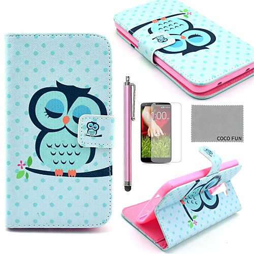 COCO FUN Sleeping Owl Pattern PU Leather Full Body Case with Screen Protector, Stylus and Stand for LG G2