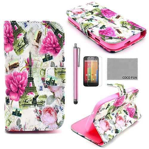 COCO FUN Floral Eiffel Tower Pattern PU Leather Case with Screen Protector, Stylus and Stand for Motorala Moto G