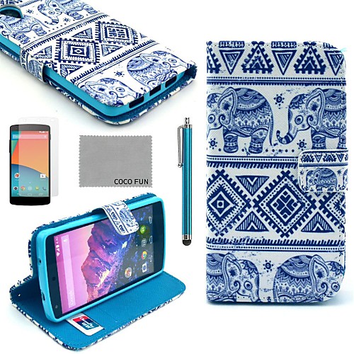 COCO FUN Blue Elephant Pattern PU Leather Full Body Case with Screen Protector, Stylus and Stand for LG Google Nexus 5