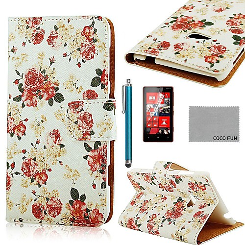 COCO FUN Rose White Pattern PU Leather Full Body Case with Screen Protector, Stylus and Stand for Nokia Lumia N625