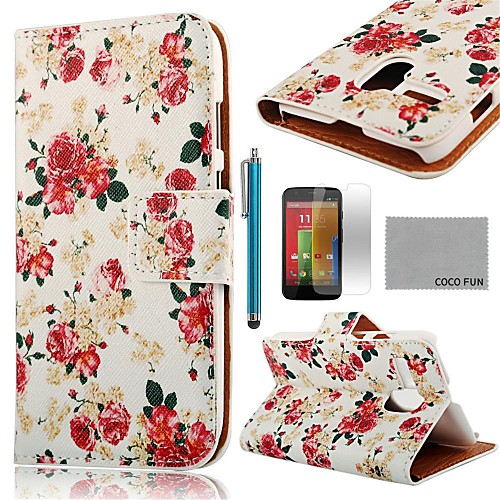 COCO FUN Rose White Pattern PU Leather Full Body Case with Screen Protector, Stylus and Stand for Motorala Moto G