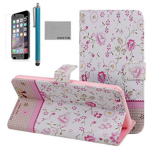 COCO FUN Pink Small Floral Pattern PU Leather Full Body Case for iPhone 6 6G 4.7 with Film, Stand and Stylus