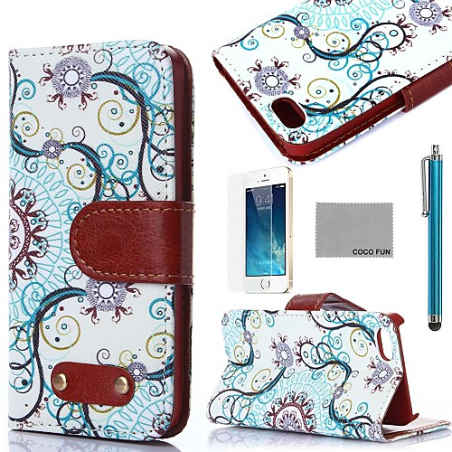 COCO FUN Retro Water Flower Pattern PU Leather Full Body Case with Film, Stand and Stylus for iPhone 5/5S