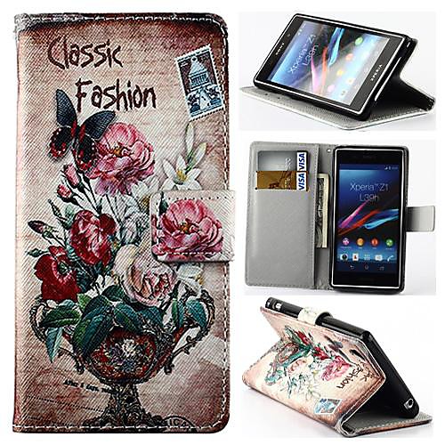 Wallet Style Retro Flower Vase PU Leather Full Body Cover with Stand for Sony Xperia Z1 L39H