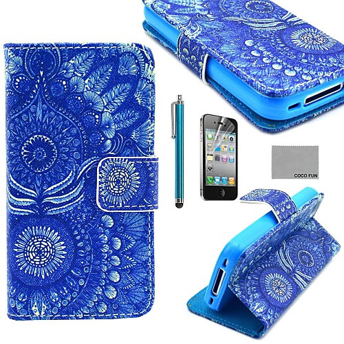 COCO FUN Blue Tribal Pattern PU Leather Full Body Case with Screen Protector, Stand and Stylus for iPhone 4/4S