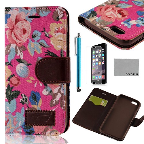 COCO FUN Pink Floral Jean Pattern PU Leather Full Body Case for iPhone 6 6G 4.7 with Screen Protecter, Stand and Stylus