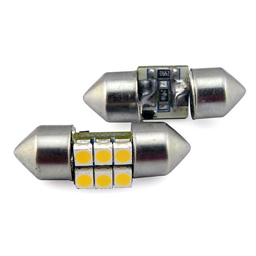 27мм 6x3528 SMD 0,5 Вт 30LM автомобиль авто гирлянда света для чтения номерных знаков лампы белого теплый белый DC 12V (2 шт)