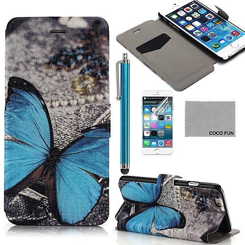 COCO FUN Blue Butterfly Pattern PU Leather Full Body Case for iPhone 6 6G 4.7 with Screen Protecter, Stand and Stylus