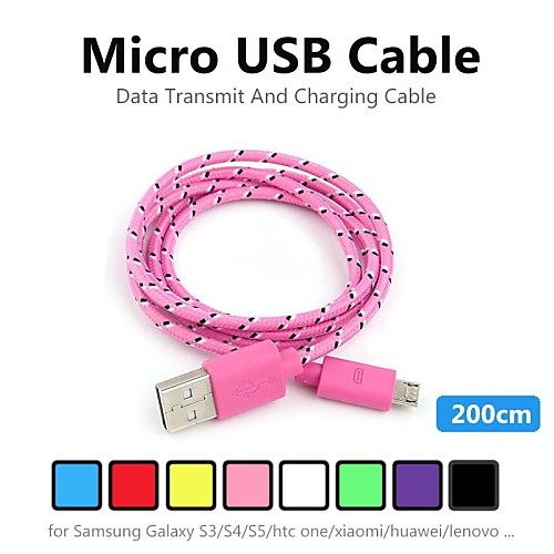2m V8 Micro USB Tenacity Nylon Round Data Cable for Samsung and Other Phone (Assorted Colors)