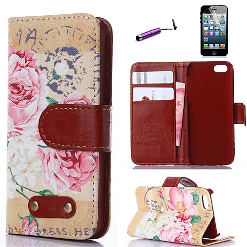 Retro Design Rose Flower Pattern PU Leather Full Body Cover with Card Stylus and Protective Slot for iPhone 5/5S