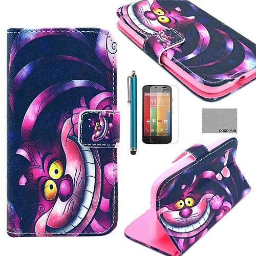 COCO FUN Purple Cartoon Cat Pattern PU Leather Full Body Case with Screen Protector and Stylus for Motorala Moto G