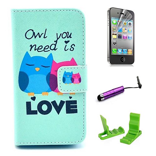 Love Owl Pattern PU Leather Case with Screen Protector and Stylus for iPhone 4/4S