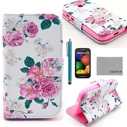 COCO FUN Rose Flower Pattern PU Leather Full Body Case with Screen Protector, Stylus and Stand for Motorala Moto E