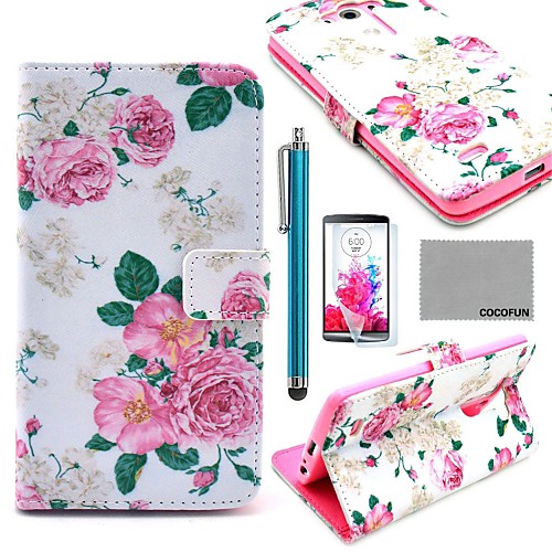 COCO FUN Rose Flower Pattern PU Leather Full Body Case with Screen Protector, Stylus and Stand for LG G3 D850