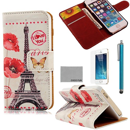 COCO FUN Effiel Tower Butterfly Pattern PU Leather Full Body Case with Film, Stand and Stylus for iPhone 5/5S