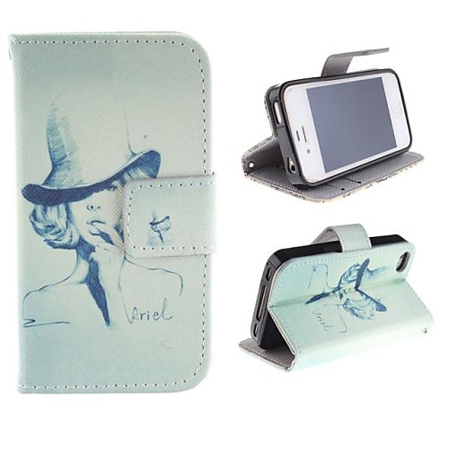 Women in Cap Design PU Leather Case with Card Slot and Stand for iPhone 4s