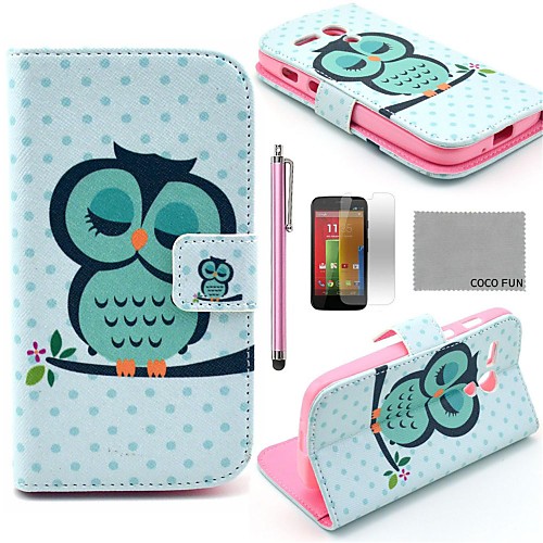 COCO FUN Sleeping Owl Pattern PU Leather Full Body Case with Screen Protector, Stylus and Stand for Motorala Moto G