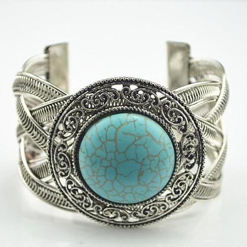 Toonykelly Vintage Look  Women's Antique Silver Plated Round Turquoise Bangle(1 Pc)